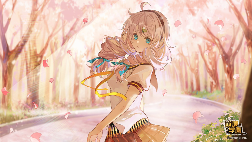 1girl ahoge bangs benghuai_xueyuan blue_bow blue_eyes bow brown_skirt bullet cherry_blossoms closed_mouth drill_hair hair_bow headband highres honkai_(series) honkai_impact_3rd kiana_kaslana long_hair looking_at_viewer neckerchief official_art outdoors petals sailor_collar school_uniform shirt skirt solo tree twin_drills white_hair white_shirt yellow_neckerchief