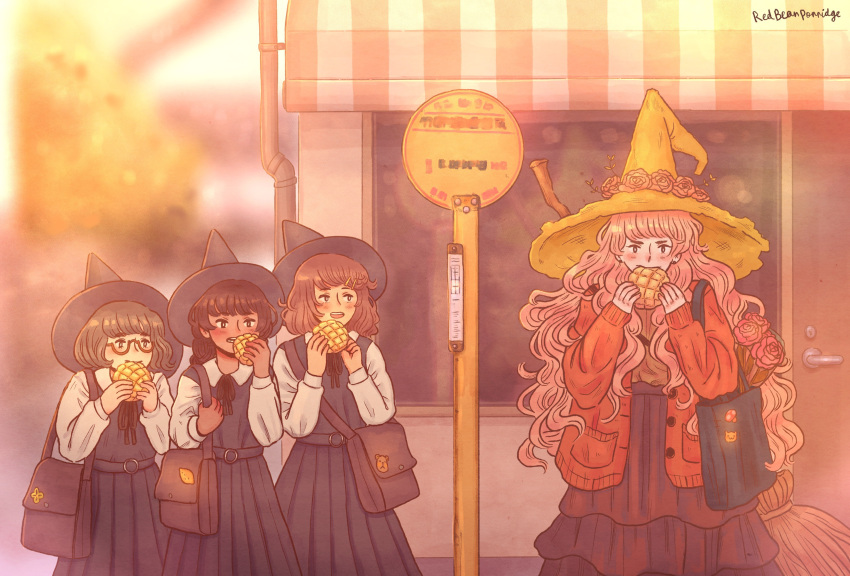 4girls absurdres autumn bag black_dress black_hair blush bread broom brown_hair door dress earrings flower food glasses handbag hat highres jacket jewelry long_hair looking_at_another melon_bread multiple_girls original pastel_colors pink_hair red_jacket redbeanporridge road_sign rose shirt sign smile wavy_hair white_shirt window witch witch_hat