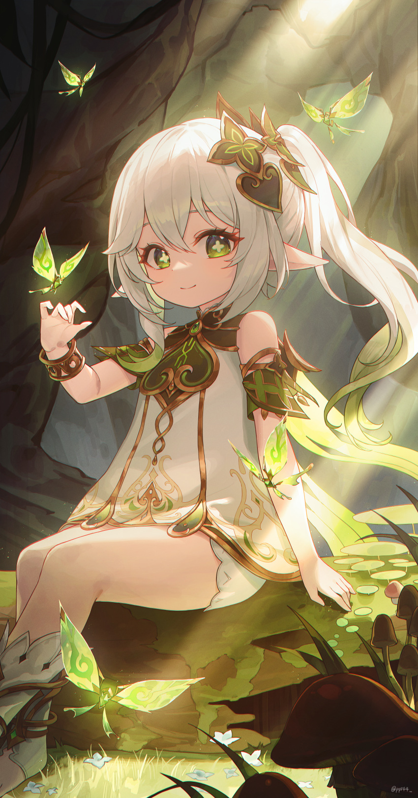 1girl :d absurdres bangs bloomers blurry bracelet closed_mouth commentary_request crystalfly_(genshin_impact) depth_of_field detached_sleeves dress feet_out_of_frame flower-shaped_pupils forest genshin_impact gradient_hair green_eyes hair_between_eyes hair_ornament hand_up highres jewelry long_hair looking_at_viewer multicolored_hair nahida_(genshin_impact) nature pointy_ears ppi44 revision short_sleeves side_ponytail sidelocks sitting sitting_on_branch smile solo sunlight symbol-shaped_pupils toeless_footwear tree underwear white_bloomers white_dress white_footwear white_hair