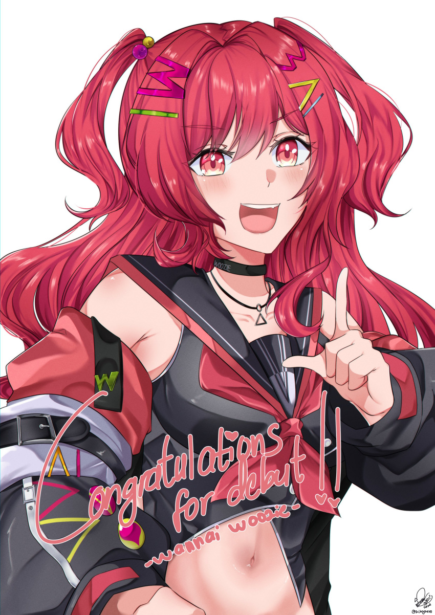 absurdres armpits bare_shoulders choker crop_top delinquent fang hair_ornament hairclip highres jacket jewelry myholo_tv navel necklace off_shoulder open_clothes open_jacket pointing pointing_up redhead stomach two_side_up woozie_wannai zikryzero