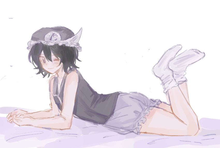 androgynous bare_shoulders black_eyes black_hair black_shirt bloomers blush frilled_hat frilled_shorts frills hat highres len'en light_blush mob_cap one_eye_closed puffy_shorts shinihaochidezongzong shirt shitodo_kuroji short_hair short_socks shorts sleeveless sleeveless_shirt smile socks triangular_headpiece underwear white_bloomers white_shorts white_socks