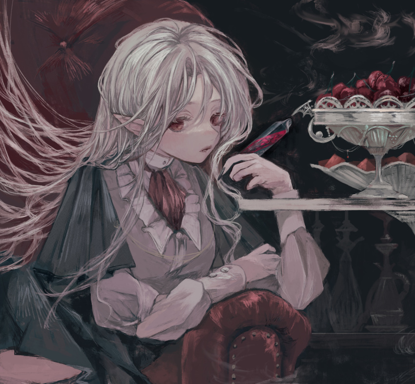 1girl ascot black_nails c_cand1e chair food fruit fruit_bowl highres long_hair long_sleeves original pointy_ears red_ascot red_eyes smoke very_long_hair white_hair