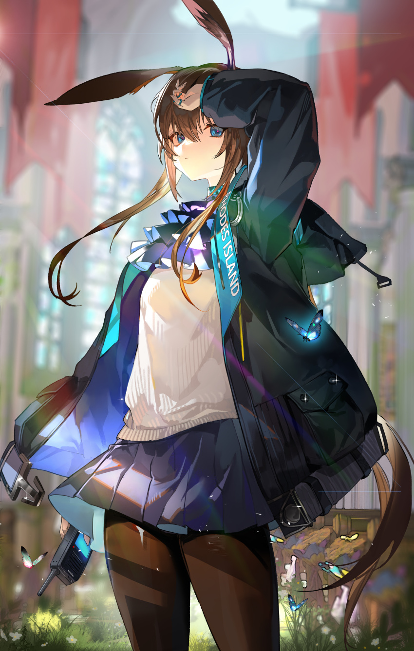 1girl absurdres amiya_(arknights) animal_ears arknights bangs bijian_de_linghun black_jacket blue_eyes blue_skirt blurry blurry_background brown_hair bug butterfly closed_mouth commentary_request cowboy_shot english_commentary grass hair_between_eyes hand_on_own_forehead highres holding_walkie-talkie jacket jewelry long_hair long_sleeves looking_at_viewer open_clothes open_jacket pantyhose pleated_skirt ponytail rabbit_ears red_flag ring shirt sidelocks skirt solo standing white_shirt