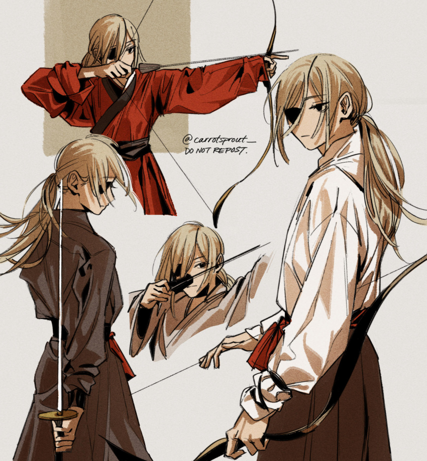 1girl arrow_(projectile) bow_(weapon) carrotsprout chainsaw_man chinese_clothes drawing_bow eyepatch grey_background grey_hair hanfu highres holding holding_bow_(weapon) holding_sword holding_weapon katana long_hair looking_at_viewer looking_to_the_side messy_hair ponytail quanxi_(chainsaw_man) robe simple_background solo sword twitter_username weapon white_robe