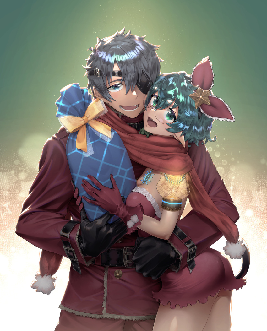 1boy 1girl :d bangs belt black_gloves chest_jewel christmas christmas_ornaments christmas_present dress eyepatch gift glasses gloves green_hair grey_eyes grey_hair hair_ornament highres holding holding_gift jacket natto_soup open_mouth pandoria_(xenoblade) pants pointy_ears red_dress red_gloves red_jacket red_pants red_scarf scarf short_hair smile strapless strapless_dress xenoblade_chronicles_(series) xenoblade_chronicles_2 zeke_von_genbu_(xenoblade)