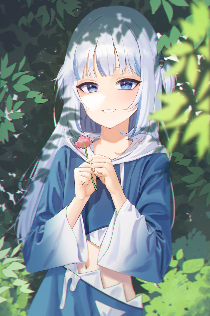 1girl absurdres animal_hood bangs blue_eyes blue_hair blunt_bangs blurry clothing_cutout damcheong dappled_sunlight depth_of_field flower gawr_gura hair_ornament highres holding holding_flower hololive hololive_english hood light_blue_hair long_hair looking_at_viewer navel navel_cutout shark_hood smile solo sunlight virtual_youtuber