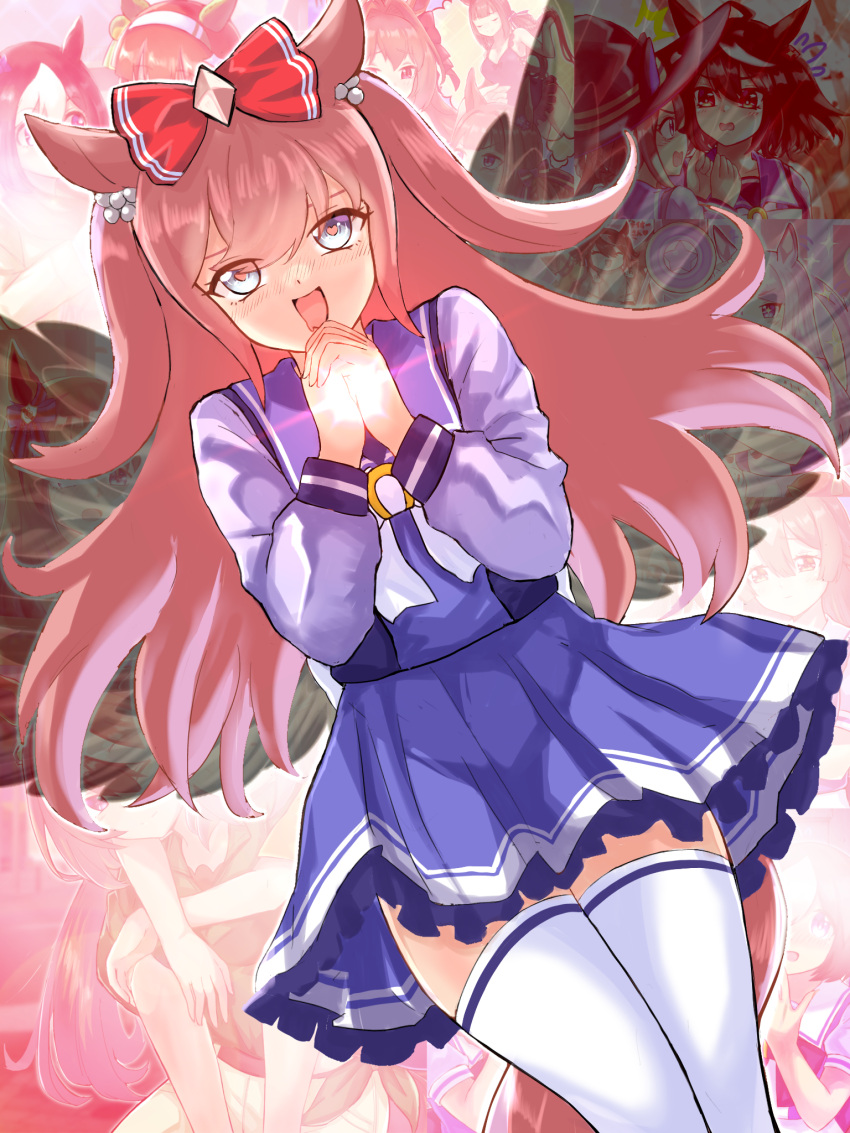 agnes_digital_(umamusume) angel_wings animal_ears blue_eyes blush bow feathers hair_bow heart heart-shaped_pupils highres horse_ears horse_girl horse_tail long_hair open_mouth own_hands_clasped own_hands_together pink_hair ryuhirohumi school_uniform sky symbol-shaped_pupils tail thigh-highs tracen_school_uniform umamusume white_thighhighs wings