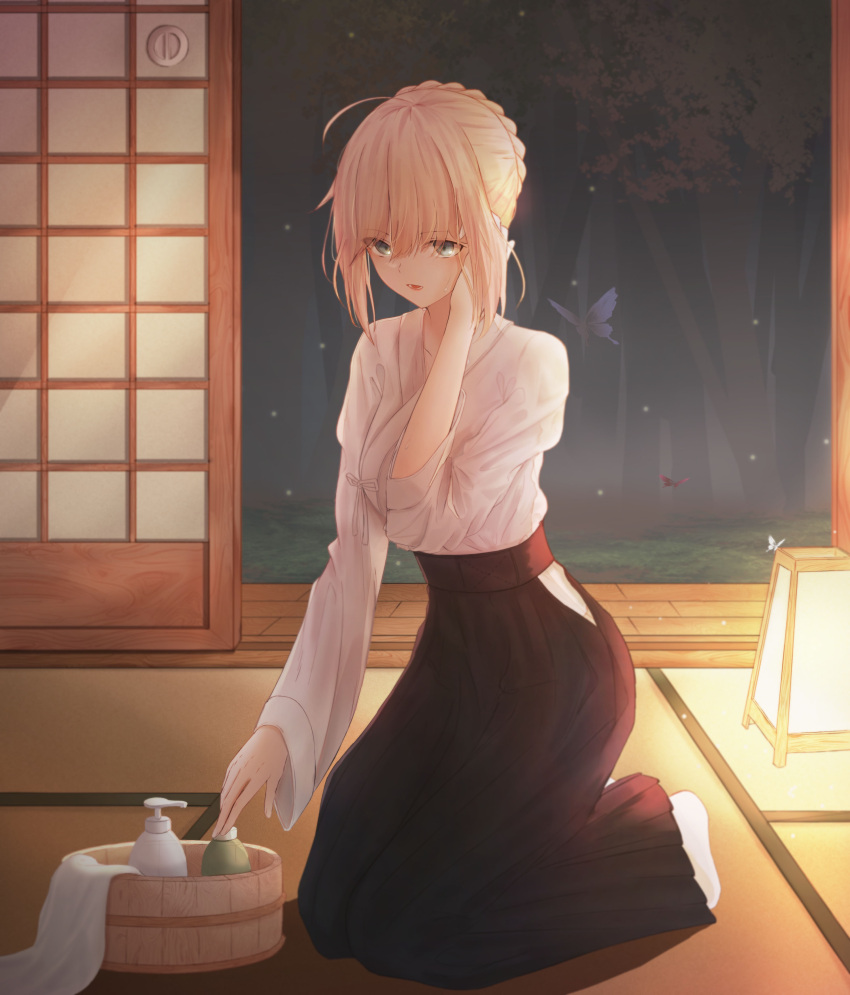 1girl absurdres adjusting_hair ahoge artoria_pendragon_(fate) bangs black_hakama blonde_hair braid braided_bun bug butterfly collarbone dougi est_(est_illust) fate/stay_night fate_(series) green_eyes hair_between_eyes hair_bun hakama highres indoors japanese_clothes kimono long_sleeves saber short_hair_with_long_locks sidelocks solo white_kimono