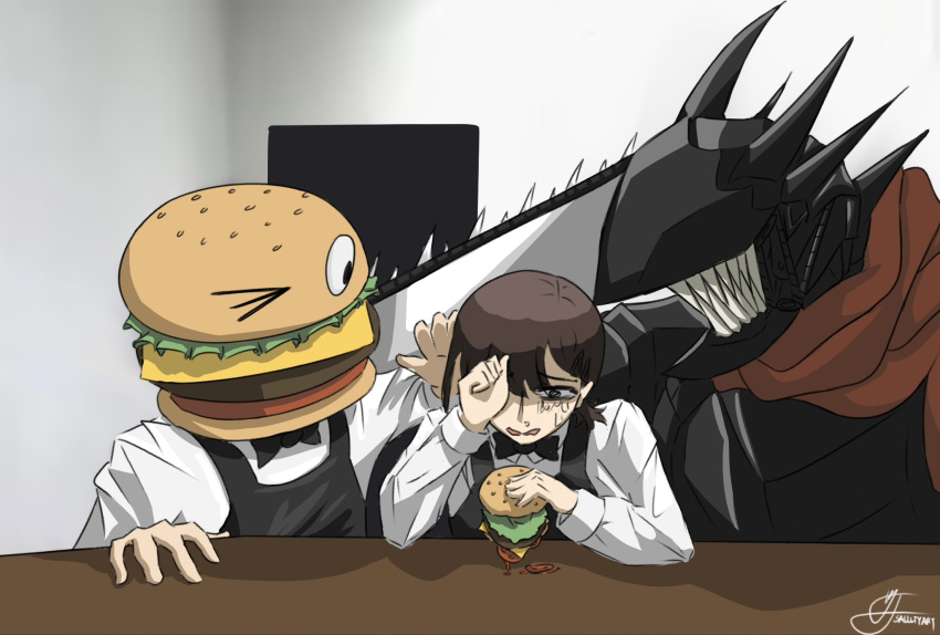 1girl apron black_bow black_bowtie blank_room_soup bow bowtie brown_hair burger burger_malfunction chainsaw chainsaw_devil chainsaw_man family_burger_(chainsaw_man) food higashiyama_kobeni highres holding holding_food looking_down meme no_eyes one_eye_closed sallltyart scarf sharp_teeth short_hair single_sidelock spikes table teeth wiping_face