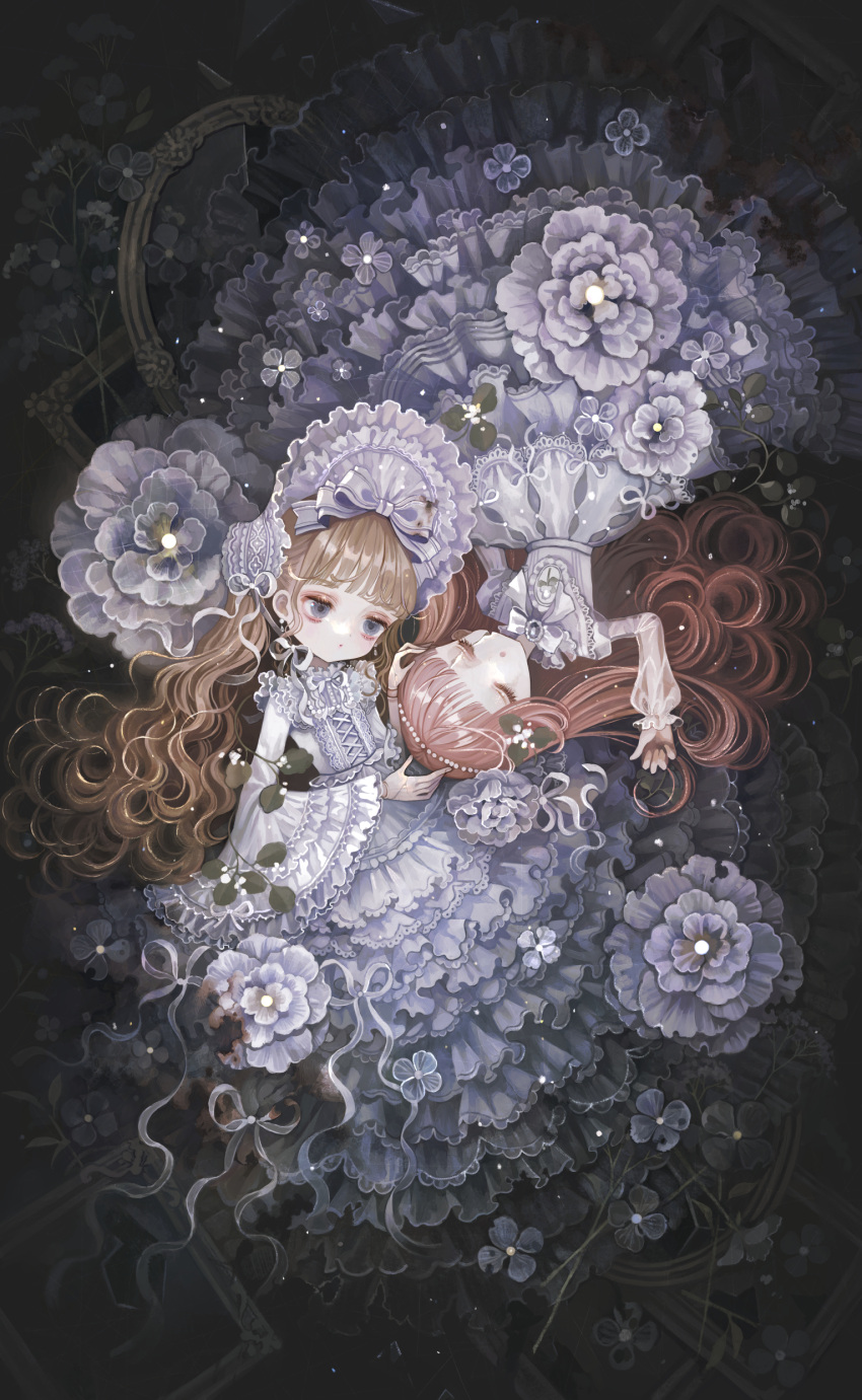 2girls absurdres bangs blonde_hair blunt_bangs bow closed_eyes closed_mouth curly_hair dress flower frilled_headwear frilled_sleeves frills gothic_lolita headdress highres lalala222 leaf lolita_fashion long_dress long_hair long_sleeves lying mirror multiple_girls on_back original redhead ribbon very_long_hair victorian white_dress