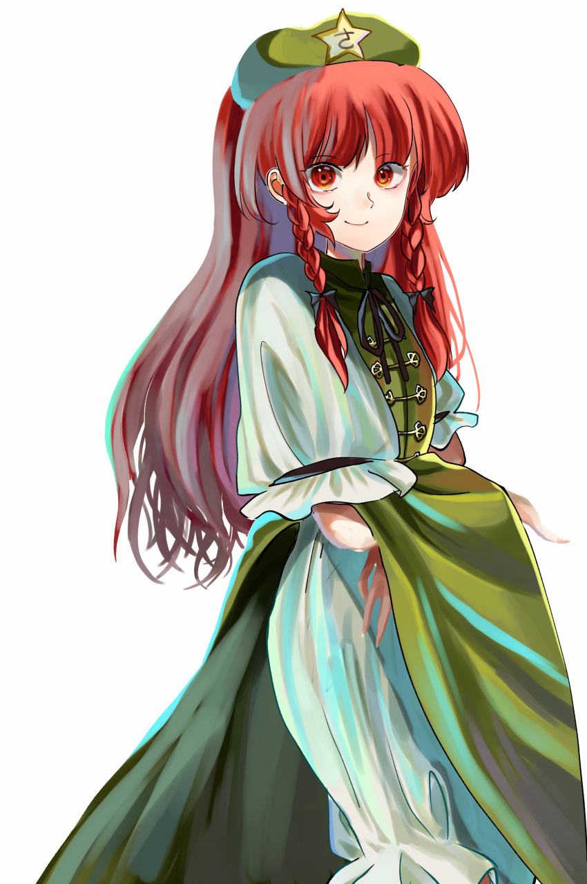 1girl absurdres baggy_pants beret braid china_dress chinese_clothes dress green_dress green_eyes green_headwear hat hat_ornament highres hong_meiling long_hair pants redhead star_(symbol) star_hat_ornament touhou twin_braids white_pants yukine_0930