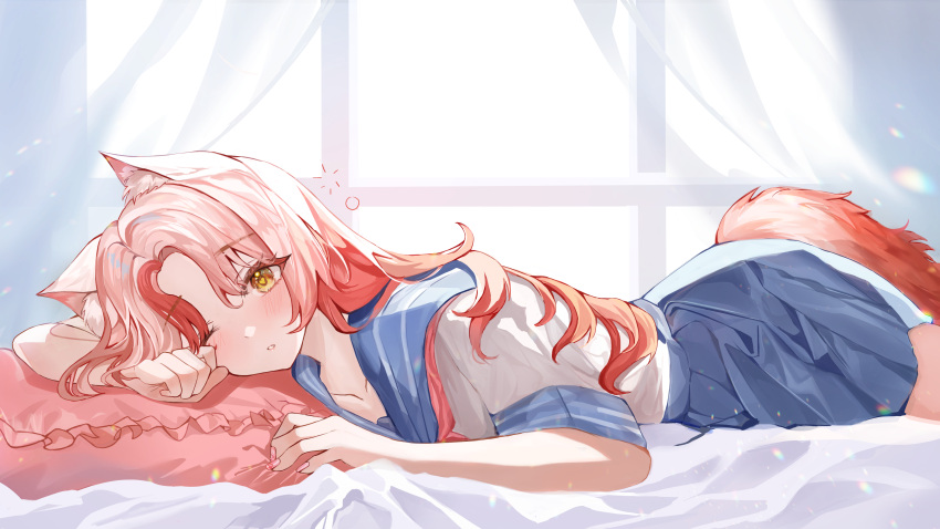 1girl absurdres animal_ears bangs bed blue_skirt blush choc collarbone curtains fox_ears fox_tail highres indoors looking_at_viewer lying morning on_bed on_side original parted_bangs pillow pleated_skirt red_nails redhead school_uniform serafuku shirt short_sleeves skirt solo sunlight tail uniform waking_up white_shirt window yellow_eyes