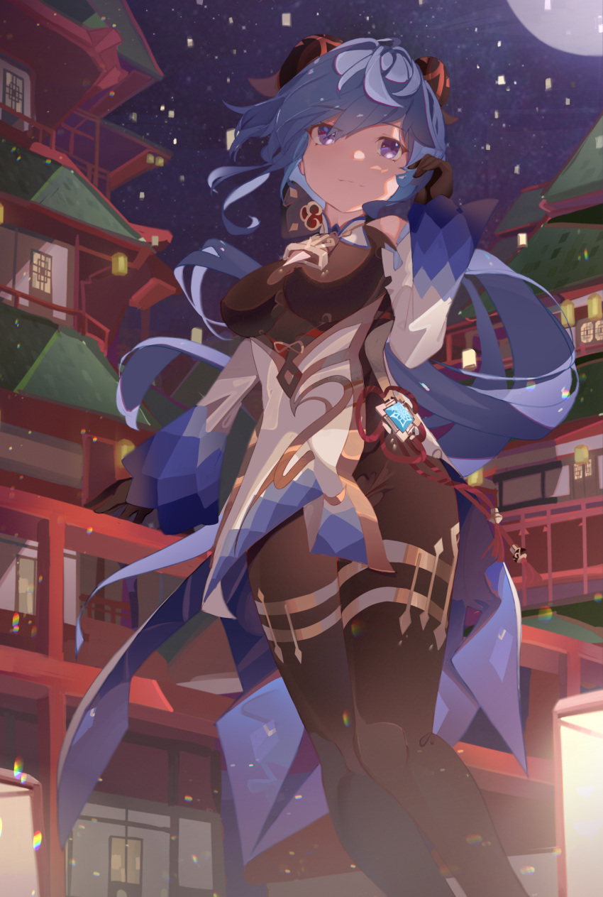 1girl absurdres ahoge architecture bangs bare_shoulders bell blue_hair breasts brown_pantyhose chinese_knot detached_sleeves east_asian_architecture flower_knot full_moon ganyu_(genshin_impact) genshin_impact gold_trim highres horns lantern long_hair looking_to_the_side medium_breasts moon neck_bell night pantyhose paper_lantern same_(sendai623) sidelocks smile solo standing tassel thighlet thighs violet_eyes vision_(genshin_impact) waist_cape white_sleeves