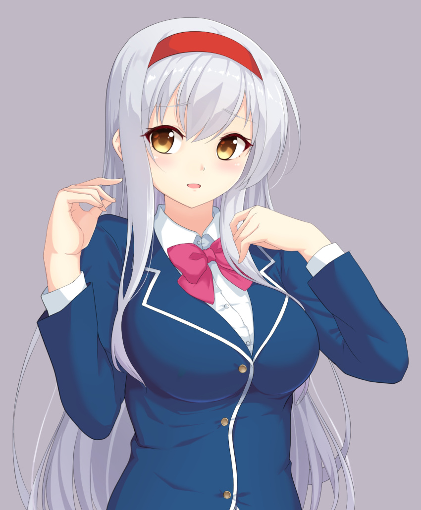 1girl :d bangs blazer bow bowtie brown_eyes collared_shirt commentary_request grey_hair hair_between_eyes hairband highres jacket kantai_collection long_hair long_sleeves looking_at_viewer paperface school_uniform shirt shoukaku_(kancolle) sidelocks simple_background smile solo
