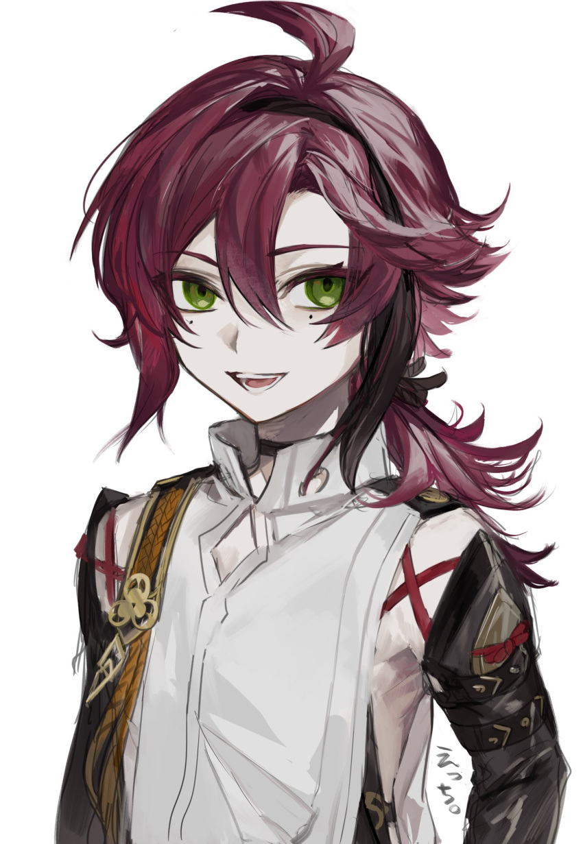 1boy armor bangs black_choker black_hair choker genshin_impact green_eyes hair_between_eyes highres japanese_armor japanese_clothes kote kurokote long_hair looking_at_viewer male_focus mole mole_under_eye multicolored_hair open_mouth pale_skin ponytail redhead shikanoin_heizou simple_background solo streaked_hair upper_body white_background zaso