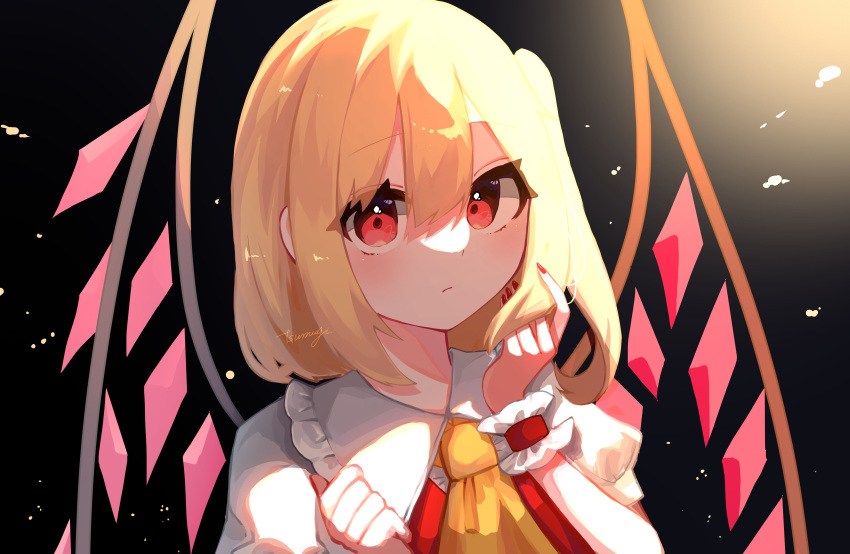 1girl :/ absurdres ascot blonde_hair dark_background flandre_scarlet hair_between_eyes hands_up highres light_particles looking_at_viewer nail_polish no_headwear puffy_sleeves red_eyes red_nails sidelighting simple_background solo touhou tsumugi0832 vest wings wrist_cuffs