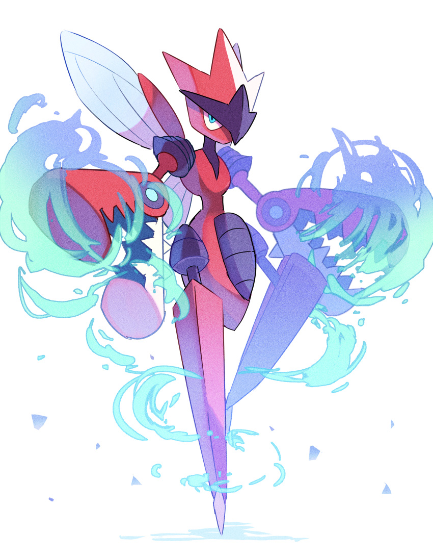 absurdres aqua_eyes commentary_request energy full_body highres horns leg_up looking_at_viewer mega_pokemon mega_scizor no_humans pokemon pokemon_(creature) ruchino_(riraga) scizor solo standing standing_on_one_leg white_background