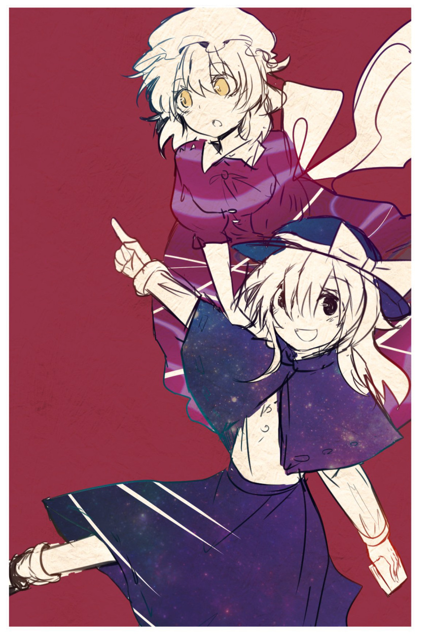2girls :d :o black_eyes black_headwear blush border bow capelet commentary_request dress hair_between_eyes hat hat_bow highres holding index_finger_raised long_sleeves looking_at_viewer maribel_hearn mob_cap moyashi_(oekaki_touhou) multiple_girls open_mouth pointing pointing_up purple_dress red_background shirt short_hair short_sleeves simple_background skirt smile space_print starry_sky_print touhou usami_renko white_border white_bow white_headwear white_shirt yellow_eyes