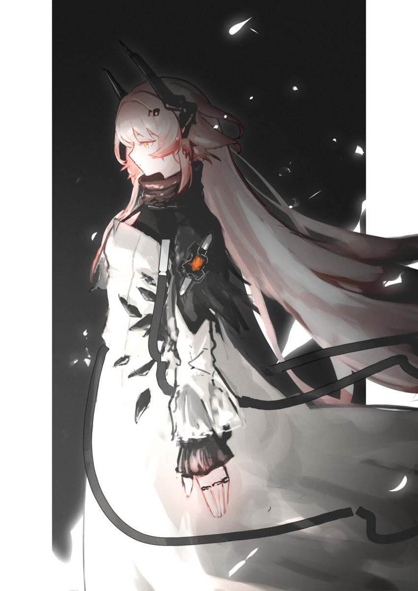 1girl arknights black_background closed_mouth dress expressionless from_side grey_hair highres horns jewelry light_particles long_hair long_sleeves looking_away looking_down multiple_rings orange_eyes profile ring simple_background solo theresa_(arknights) very_long_hair white_dress yxxrem