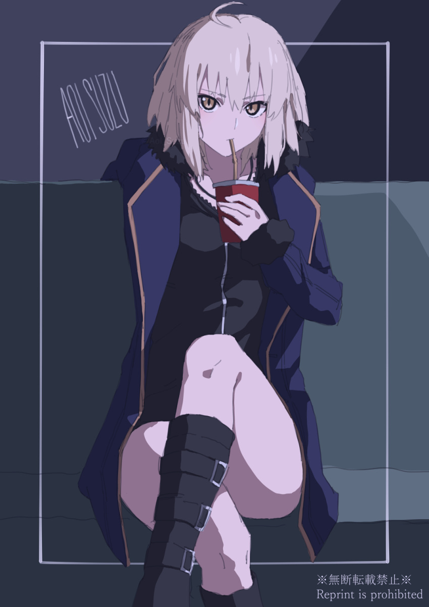 1girl ahoge aoi_suzu bangs black_dress black_footwear blue_coat blush boots breasts coat cup dress drink fate/grand_order fate_(series) fur-trimmed_coat fur-trimmed_sleeves fur_trim hair_between_eyes highres holding jeanne_d'arc_alter_(fate) jeanne_d'arc_alter_(ver._shinjuku_1999)_(fate) jewelry long_sleeves looking_at_viewer medium_breasts necklace official_alternate_costume open_clothes open_coat short_hair simple_background sitting solo thighs white_hair yellow_eyes