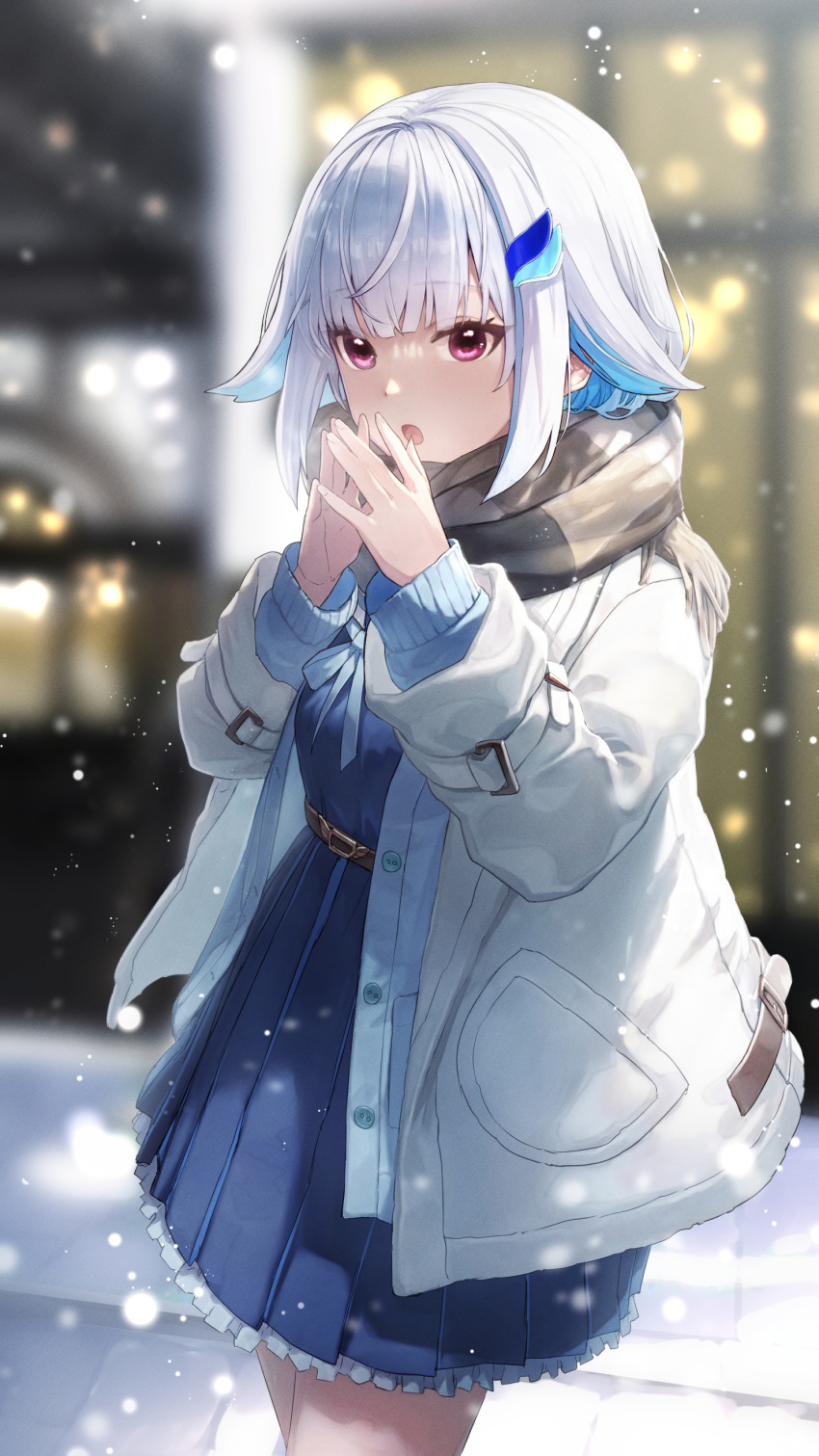 1girl absurdres bangs blue_cardigan blue_hair blue_serafuku blue_shirt blue_skirt blurry blurry_background breathing_on_hands cardigan commentary_request depth_of_field fringe_trim grey_jacket grey_scarf hair_flaps hair_ornament hands_up highres jacket kazuki_seto lize_helesta multicolored_hair night nijisanji open_cardigan open_clothes open_jacket open_mouth outdoors pleated_skirt scarf school_uniform serafuku shirt short_hair skirt snow snowing solo steepled_fingers two-tone_hair violet_eyes virtual_youtuber white_hair winter
