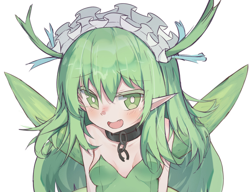 1girl bangs bare_shoulders black_souls blush breasts breasts_apart chain collar eyebrows eyebrows_visible_through_hair eyelashes eyelashes_visible_through_hair eyes fairy_wings fang green_eyelashes green_eyes green_hair green_leotard green_wings hair hair_between_eyes leaf_(black_souls) leotard maid_headdress nalphanne nose open_eyes open_mouth pointy_ears sidelocks small_breasts upper_body very_long_hair white_pupils wings