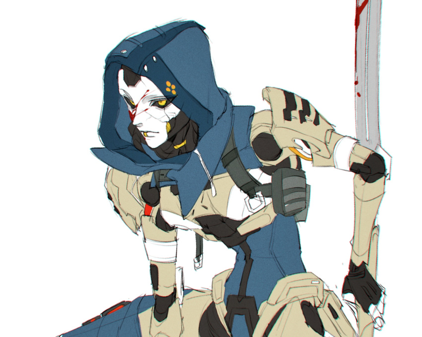 1girl android apex_legends ash_(titanfall_2) black_sclera blood blood_on_face blood_on_weapon blue_leotard colored_sclera head_tilt holding holding_sword holding_weapon hood hood_up hooded_leotard leotard reverse_grip ruu47 science_fiction simple_background simulacrum_(titanfall) sketch solo sword weapon white_background yellow_eyes