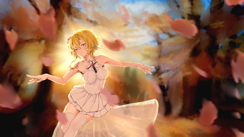 1girl absurdres alternate_costume autumn bangs blonde_hair blurry commentary_request dancing depth_of_field dress falling_petals feather_hair_ornament feathers flower frilled_dress frills genshin_impact hair_between_eyes hair_flower hair_ornament highres koyui_(ziwei) looking_at_viewer lumine_(genshin_impact) outstretched_arms petals short_hair short_hair_with_long_locks sidelocks sleeveless solo spread_arms thigh-highs white_dress white_thighhighs yellow_eyes zettai_ryouiki