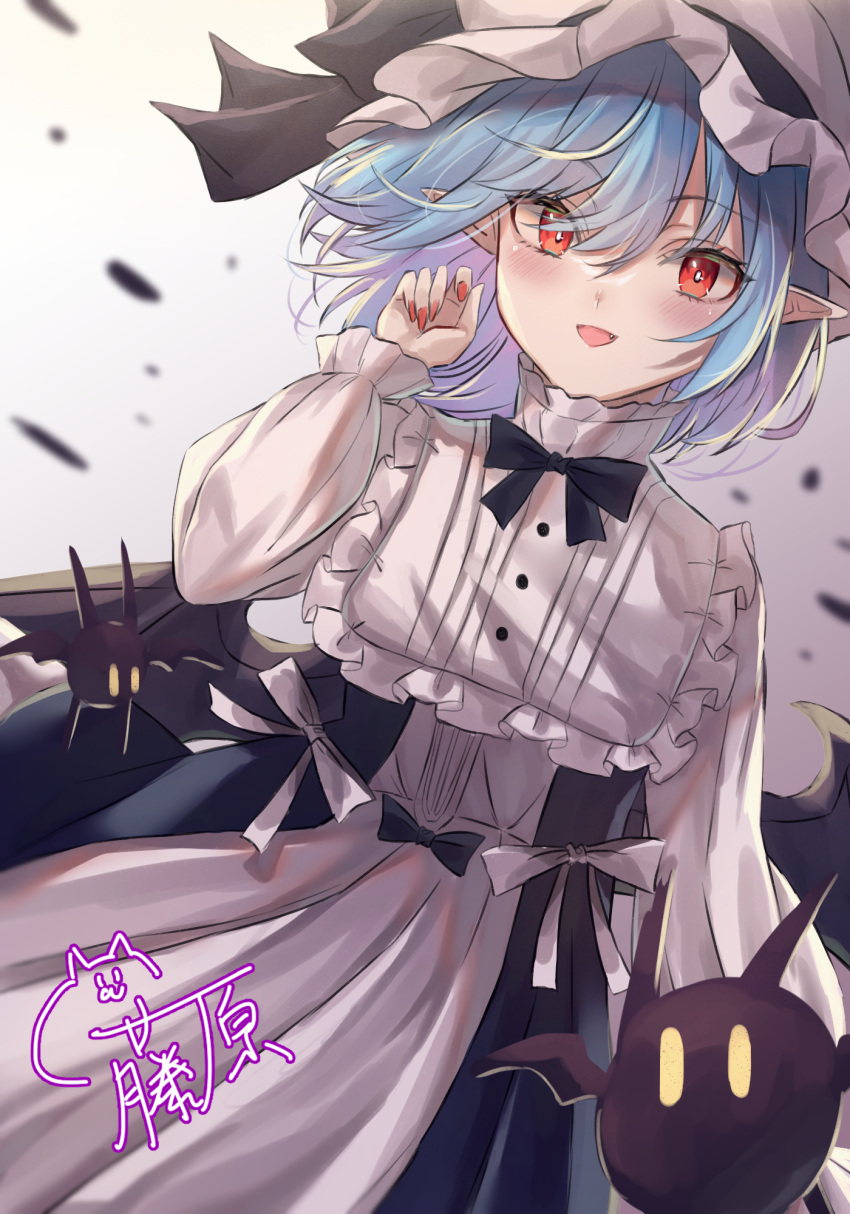 1girl bat_(animal) bat_wings black_bow black_dress blue_hair bow dress fang hat highres katsukare mob_cap pointy_ears red_eyes red_nails remilia_scarlet short_hair smile solo touhou white_bow white_dress white_headwear wings