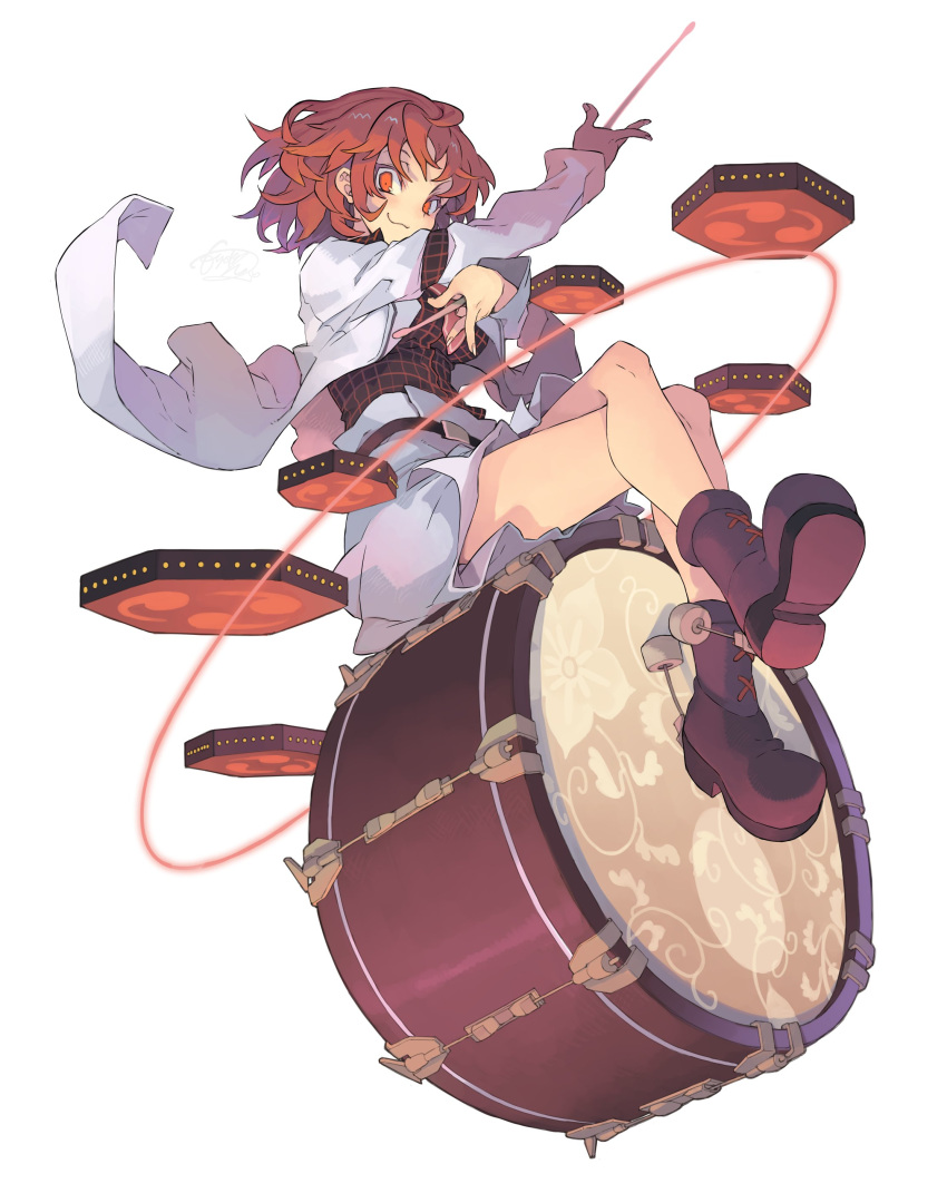1girl absurdres belt black_shirt boots closed_mouth constricted_pupils crossed_arms drum drum_set drumsticks dual_wielding floral_print full_body highres holding holding_drumsticks horikawa_raiko instrument jacket long_sleeves looking_at_viewer mitsudomoe_(shape) morino_hon music necktie plaid plaid_shirt playing_instrument red_eyes redhead roller_shoes shirt shoes short_hair signature simple_background sitting sitting_on_drum skirt skirt_set smile solo tomoe_(symbol) touhou wavy_mouth white_background white_jacket