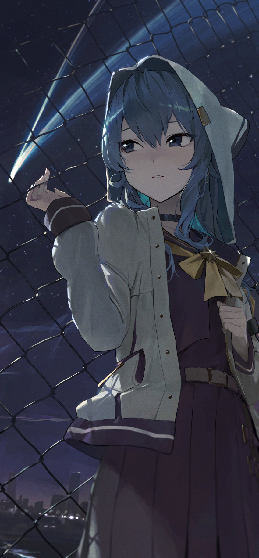 1girl absurdres bangs blue_choker blue_eyes blue_hair bow bowtie chain-link_fence choker comet fence hair_between_eyes highres hololive hood hood_up hooded_jacket hoshimachi_suisei jacket logknn long_hair long_sleeves looking_away night night_sky open_clothes open_jacket parted_lips pleated_skirt skirt sky solo virtual_youtuber white_jacket yellow_bow yellow_bowtie