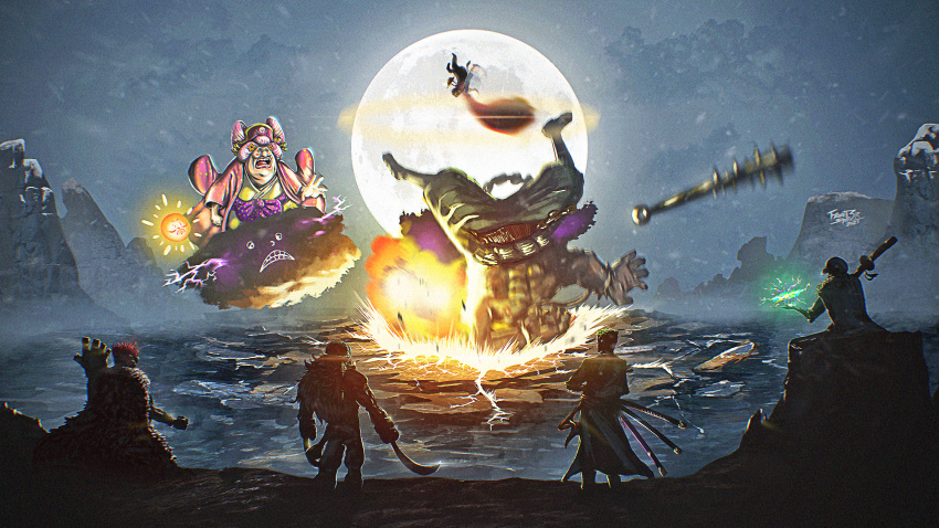 1girl 6+boys attack cape charlotte_linlin club_(weapon) cracked_floor eleven_supernova energy english_commentary eustass_captain_kid explosion floating frontstabb3r full_moon giant giant_male giantess hat helm helmet highres japanese_clothes jolly_roger kaidou_(one_piece) kanabou katana killer_(one_piece) kimono lipstick long_hair looking_at_another makeup metal monkey_d._luffy moon motion_blur multiple_boys muscular muscular_male napoleon_(one_piece) night night_sky old old_woman one_piece open_mouth outdoors pants pink_hair pirate_hat prometheus_(one_piece) prosthesis prosthetic_arm punching roronoa_zoro scabbard sheath sheathed short_hair sitting size_difference skull_and_crossed_swords sky spiked_club standing sword topless_male trafalgar_law very_long_hair weapon