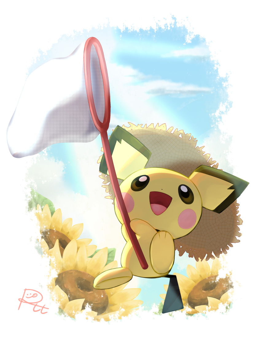 :d absurdres brown_eyes butterfly_net clouds commentary_request day flower full_body hand_net highres holding holding_butterfly_net looking_up no_humans open_mouth outdoors pichu pokemon pokemon_(creature) poket_mkrn signature sky smile solo summer sunflower tongue