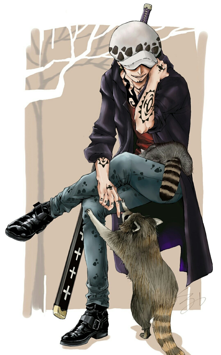 1boy black_footwear black_hair commentary_request covered_eyes crossed_legs hat highres jacket male_focus on_lap one_piece open_mouth playing raccoon short_hair sitting smile sword tattoo trafalgar_law user_erup8438 weapon