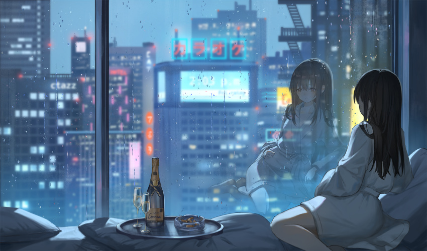 1girl ashtray ass back balcony bathrobe black_hair blush brown_eyes catzz champagne_bottle champagne_flute cigarette city cup drinking_glass highres indoors long_hair original pillow rain reflection sitting solo tray