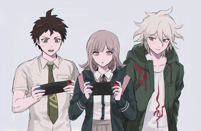 1girl 2boys :o bangs black_jacket black_shirt boleum_(dgrpluna) brown_hair collarbone collared_shirt danganronpa_(series) danganronpa_2:_goodbye_despair flipped_hair green_jacket grey_background grey_hair hair_between_eyes hair_ornament handheld_game_console hinata_hajime holding holding_handheld_game_console hood hood_down hooded_jacket jacket komaeda_nagito long_sleeves medium_hair messy_hair multiple_boys nanami_chiaki neck_ribbon nintendo_switch open_clothes open_jacket pink_hair ribbon shirt shirt_tucked_in short_sleeves simple_background smile sweatdrop two-tone_shirt upper_body white_shirt