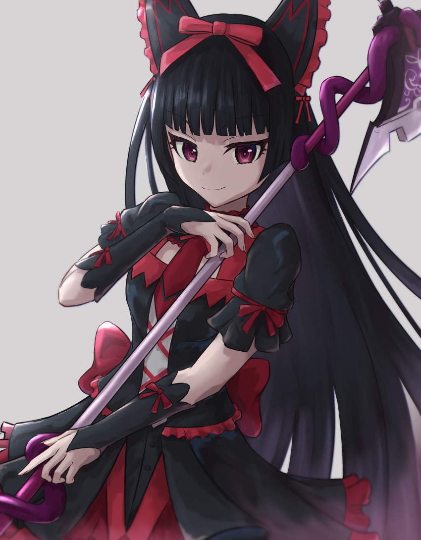 1girl absurdres bangs black_hair black_shirt black_skirt blunt_bangs closed_mouth commentary_request dianhelles3 gate_-_jieitai_ka_no_chi_nite_kaku_tatakaeri gothic_lolita grey_background halberd highres holding holding_weapon lolita_fashion long_hair looking_at_viewer polearm puffy_short_sleeves puffy_sleeves red_eyes ribbon rory_mercury shirt short_sleeves simple_background skirt smile solo weapon