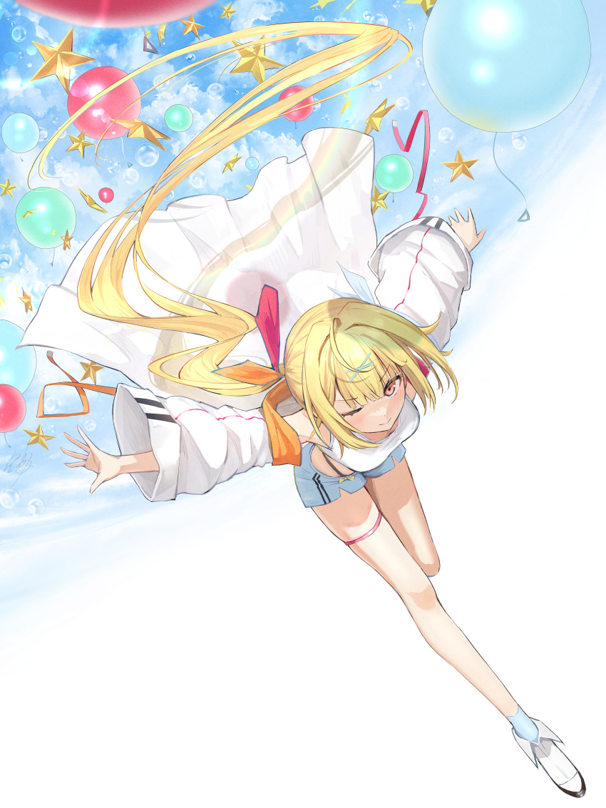 1girl absurdres ahoge balloon blonde_hair commentary denim denim_shorts full_body hair_intakes hidulume highres hoshikawa_sara jacket jacket_partially_removed leaning_forward long_hair looking_at_viewer nijisanji one_eye_closed outstretched_arms red_eyes short_shorts shorts side_ponytail smile spread_arms thigh_strap virtual_youtuber