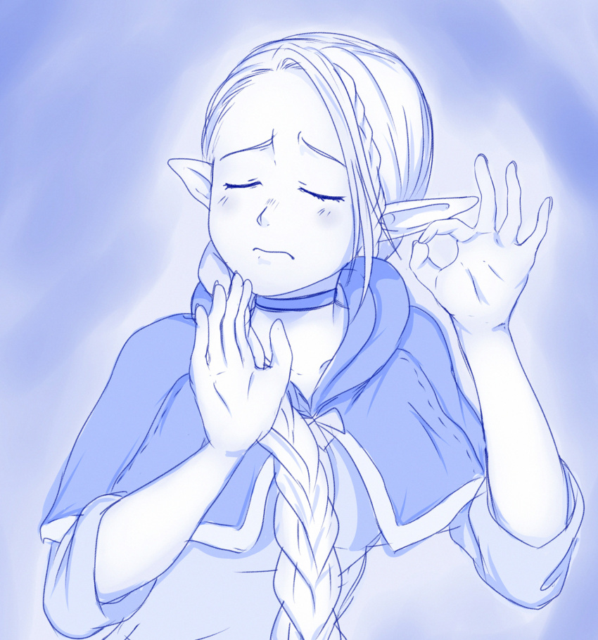 1girl braid closed_eyes dungeon_meshi elf french_braid highres hood hood_down jewelry long_braid marcille meme monochrome necklace pacha_(meme) pointy_ears the_emperor's_new_groove upper_body viperxtr