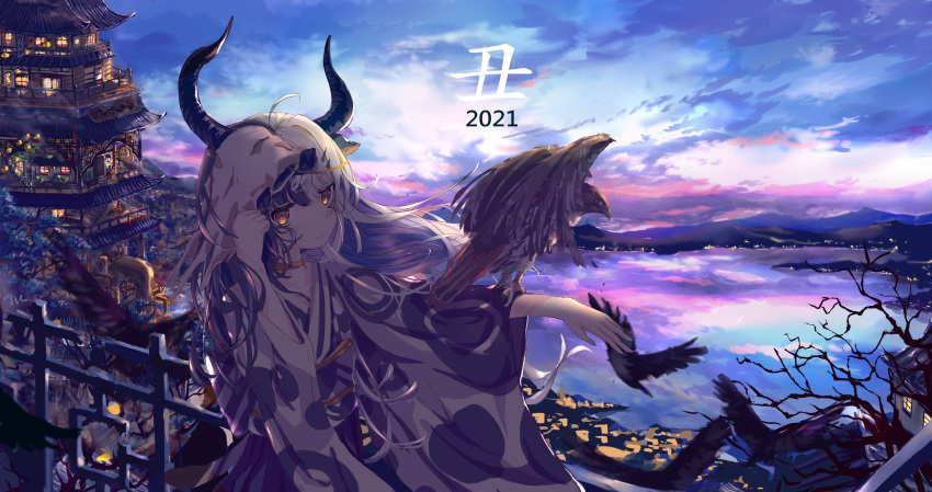 1girl 2021 architecture bangs bird black_hair black_horns black_kimono blue_sky blush building c4_art chinese_zodiac closed_mouth clouds commentary_request cow_horns cowboy_shot eagle east_asian_architecture highres horns japanese_clothes kimono lake long_hair looking_at_viewer morning mountainous_horizon multicolored_hair original pink_sky railing scenery sky solo two-tone_hair two-tone_kimono white_hair white_kimono wide_sleeves year_of_the_ox yellow_eyes