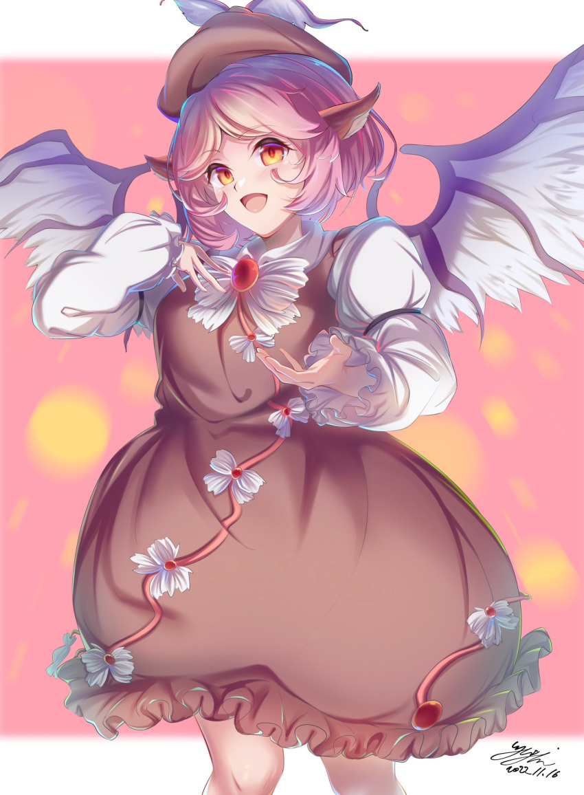 1girl animal_ears bird_ears bird_wings blush brown_dress brown_headwear dated dress feet_out_of_frame frilled_dress frilled_sleeves frills hat highres long_sleeves mystia_lorelei open_mouth pink_hair short_hair signature smile solo touhou white_wings winged_hat wings yellow_eyes yujin_(kanouyuuto-0423)