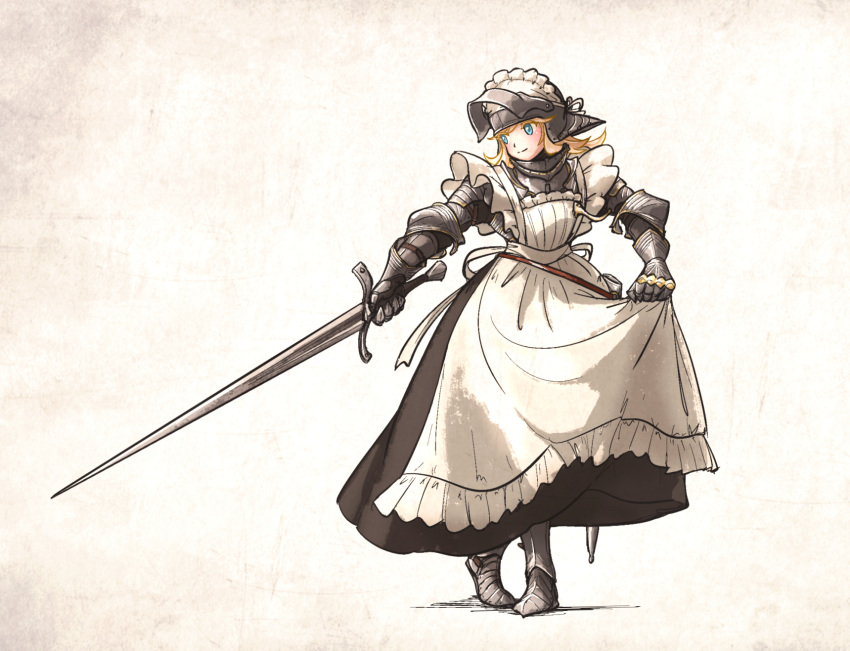 1girl apron armor armored_boots belt blonde_hair blue_eyes boots clothes_lift cowter curtsey gauntlets gorget helmet highres looking_to_the_side maid maid_headdress original scabbard sheath skirt skirt_lift smile solo sword vanishlily visor_lift weapon