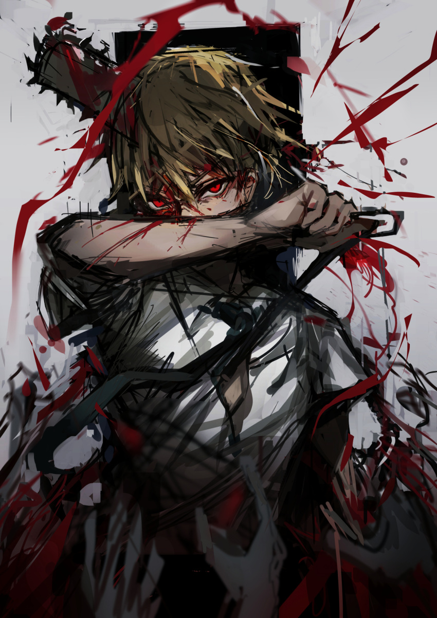1boy bangs black_necktie blonde_hair blood chainsaw chainsaw_man chuhaibane collared_shirt commentary denji_(chainsaw_man) hair_between_eyes hand_over_face highres holding holding_jewelry holding_necklace jewelry looking_at_viewer male_focus necklace necktie red_eyes shirt short_hair short_sleeves simple_background upper_body white_shirt