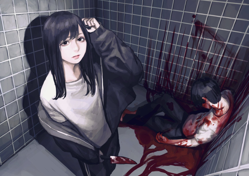 1boy 1girl bathroom black_eyes black_hair blood blood_on_clothes blood_on_ground blood_on_knife blood_on_wall commentary commentary_request corpse highres holding holding_knife jacket knife lips long_hair original pants shirt tfy_1028 white_shirt