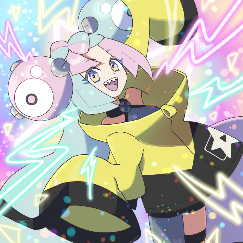 1girl absurdres bnr_banri bow-shaped_hair character_hair_ornament grey_pantyhose hair_ornament hexagon_print highres iono_(pokemon) jacket long_hair low-tied_long_hair oversized_clothes pantyhose pokemon pokemon_(game) pokemon_sv sharp_teeth single_leg_pantyhose sleeves_past_fingers sleeves_past_wrists solo teeth twintails very_long_sleeves x yellow_jacket