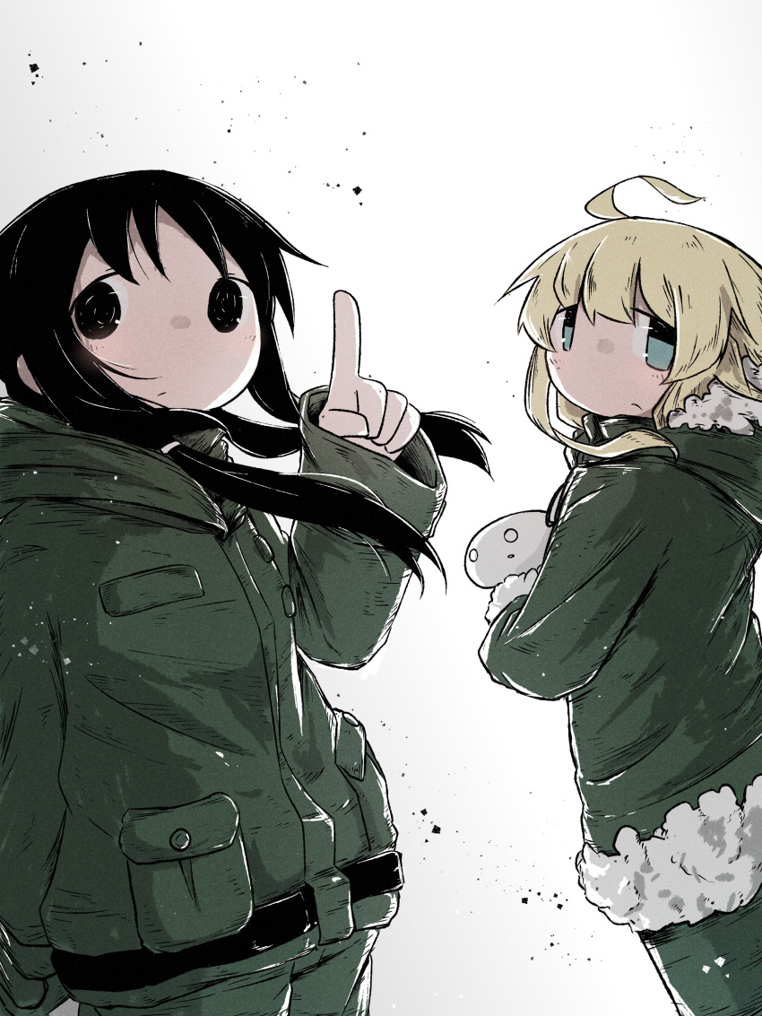 2girls absurdres ahoge black_eyes black_hair blonde_hair blue_eyes chito_(shoujo_shuumatsu_ryokou) fur_trim highres index_finger_raised military military_uniform multiple_girls nuko_(shoujo_shuumatsu_ryokou) shoujo_shuumatsu_ryokou simple_background teru_(teru11061) twintails uniform yuuri_(shoujo_shuumatsu_ryokou)