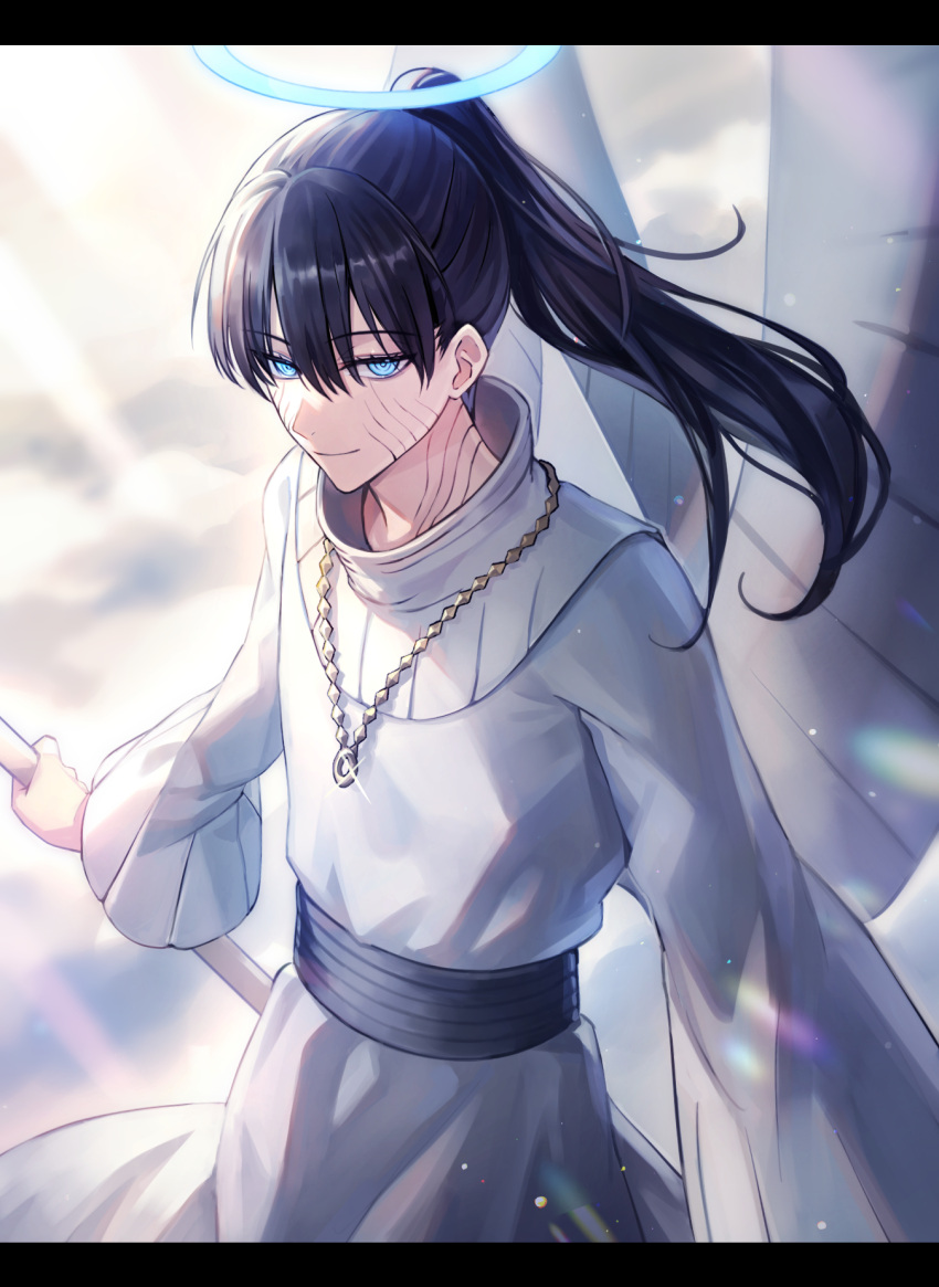 1boy angel angel_wings black_clover black_hair blue_eyes halo highres jewelry looking_at_viewer morgen_faust necklace ponytail robe solo tsugutoku white_robe wings