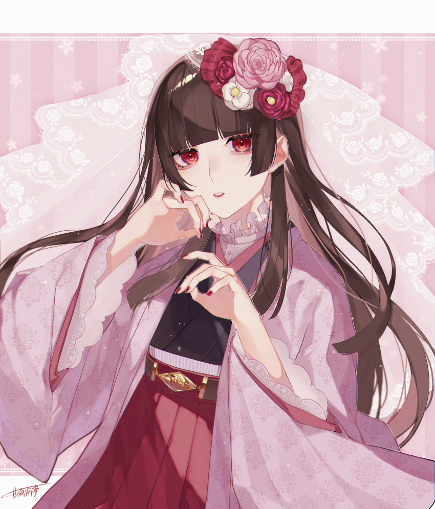1girl absurdres amazaki_umu bangs belt black_kimono blunt_bangs brown_belt brown_hair camellia dress_shirt flower frilled_shirt_collar frills hair_flower hair_ornament hakama hakama_skirt hand_to_own_mouth haori highres jacket japanese_clothes kimono letterboxed long_hair looking_at_viewer original outside_border parted_lips pink_background pink_flower pink_jacket red_eyes red_flower red_nails red_skirt shirt signature skirt solo striped striped_background upper_body veil white_flower white_shirt