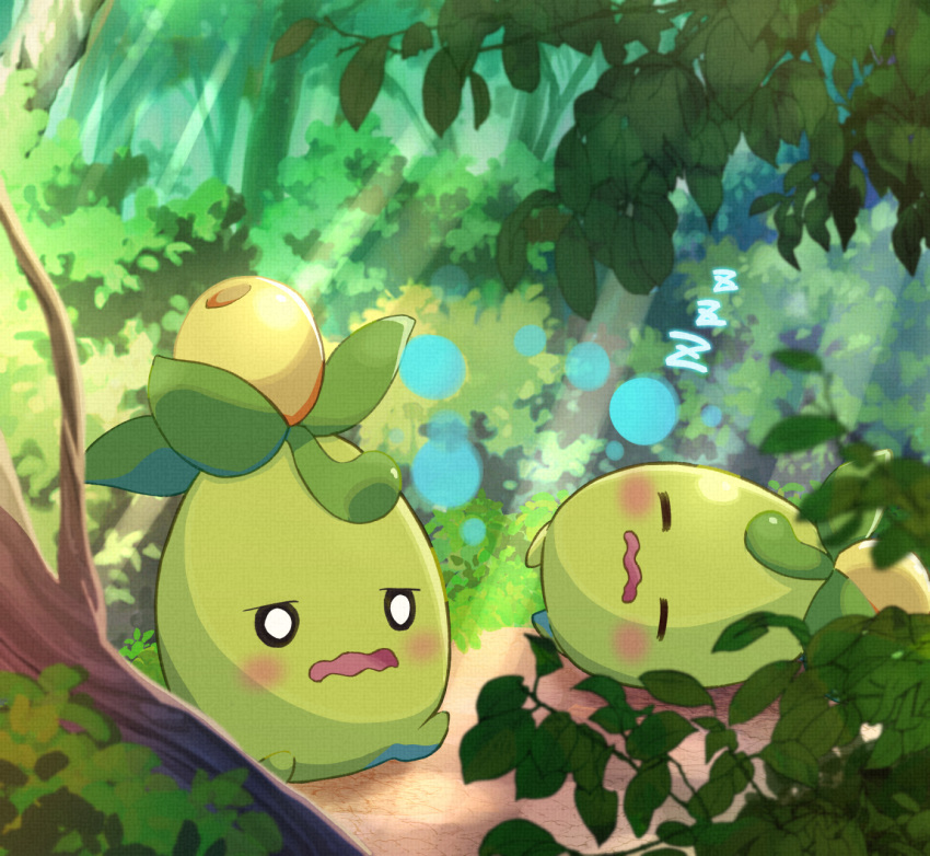 blush bubble closed_eyes commentary_request day forest haru_(haruxxe) highres light_rays lying nature no_humans o_o on_side open_mouth outdoors pokemon pokemon_(creature) sleeping smoliv tree wavy_mouth zzz