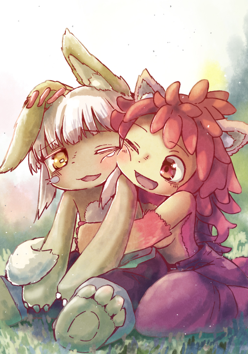 2girls :3 :d animal_ears cheek-to-cheek cheek_squash cuddling furry heads_together highres made_in_abyss mitty_(made_in_abyss)_(furry) multiple_girls nanachi_(made_in_abyss) one_eye_closed petting red_eyes redhead sitting smile teru_(teru11061) topless white_hair yellow_eyes